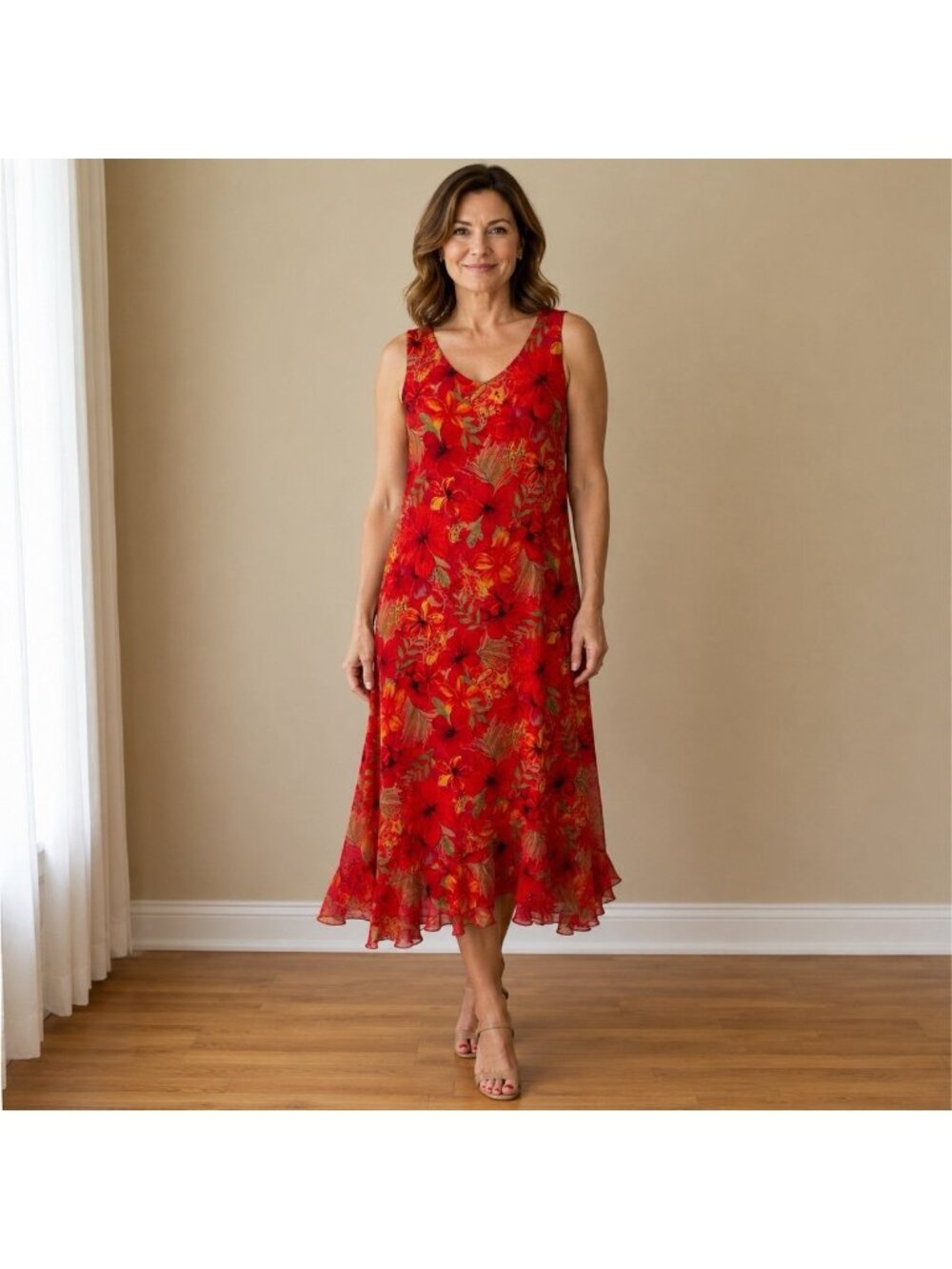 Chicos Design Size 8 US Red Floral Maxi Dress Sleeveless Ruffle Hem Vintage USA